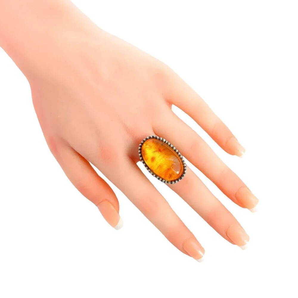 Medieval Baltic Amber Brutalist Ring in 925 Sterling Silver